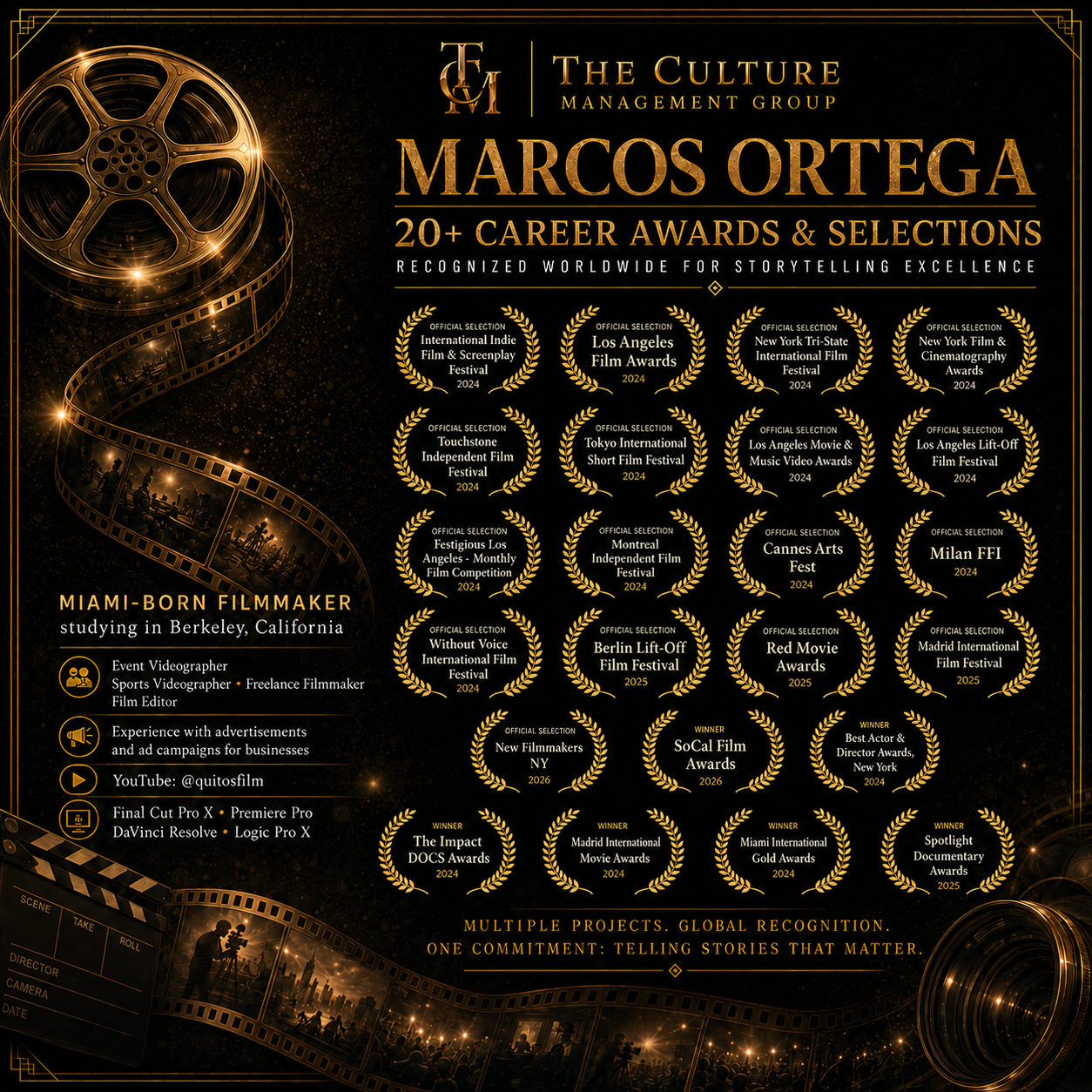 Graphic listing Marcos Ortega's 20+ career film festival awards and official selections